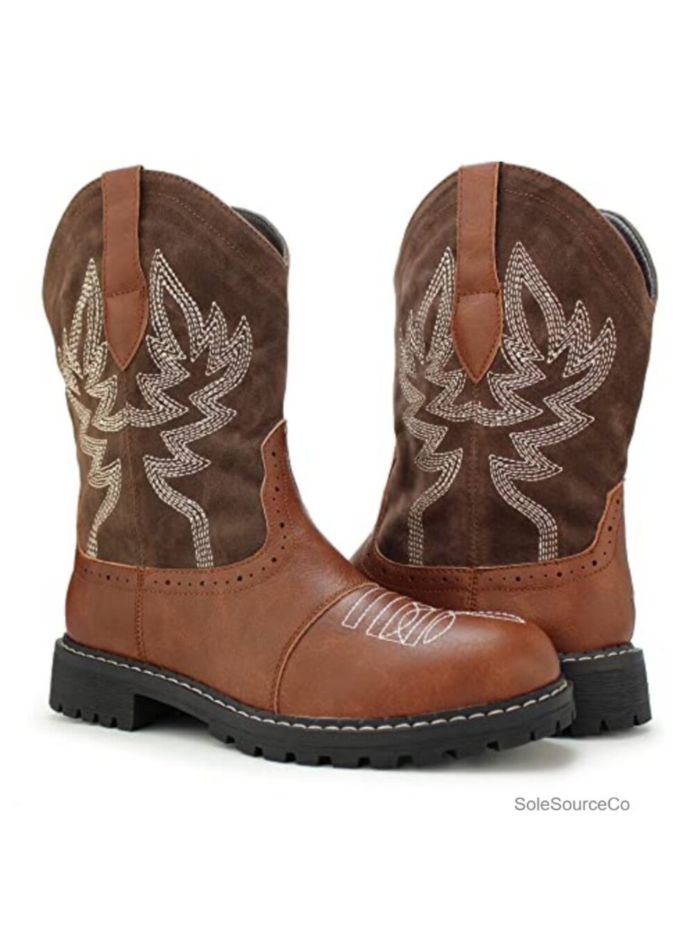 Women's Mid Calf Western Cowboy Boots Embroidered Round Toe Faux Leather